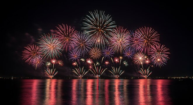 Spectacular fireworks display over water at night colorful explosion