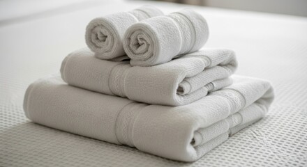 Luxurious hotel towels neatly folded and stacked for ultimate comfort and cleanliness