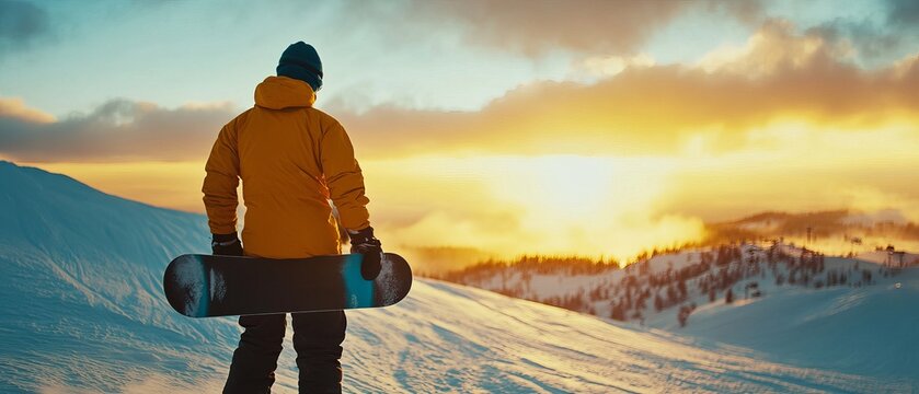 Person with snowboard at sunset over snowy mountains
