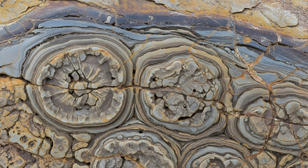 Obraz premium Detailed shot of a unique stromatolite rock formation revealing its banded sedimentary layers and