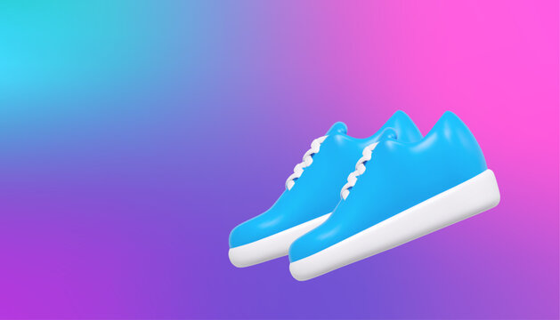 3d blue sneakers on neon background. Men's and women's footwear. Stock vector illustration on isolated background.