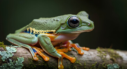 Fototapeta premium Detailed close up of a green tree frog perched on a mossy branch in its natural habitat