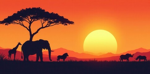 Obraz premium Serene Sunset Silhouette of African Wildlife Underneath a Majestic Acacia Tree