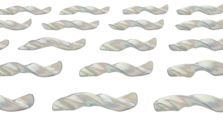 Iridescent, twisted, elongated abstract forms arranged in neat parallel rows against a transparent studio background with copy space, sophisticated minimalism concept