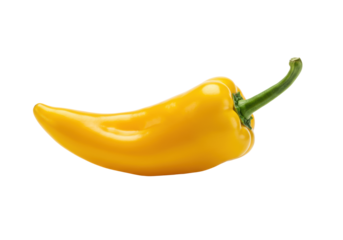 A single, vibrant yellow, glossy chili pepper with a dark green stem and natural undulations, isolated on a transparent background with copy space, concept of fresh culinary ingredient