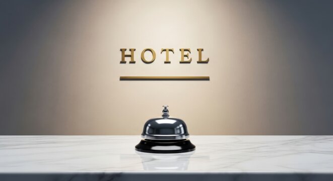 Vintage hotel service bell with 'hotel' typewriter text above for classic hospitality