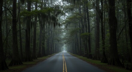 Obraz premium Road through forest trees with overhead canopy perspective vanishing point natural daylight outdoors