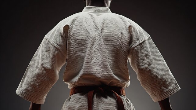 Karateka's back, light gray uniform, orange belt