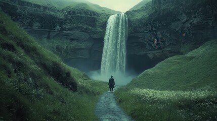 Serene Landscape with Majestic Waterfall and Lush Greenery
