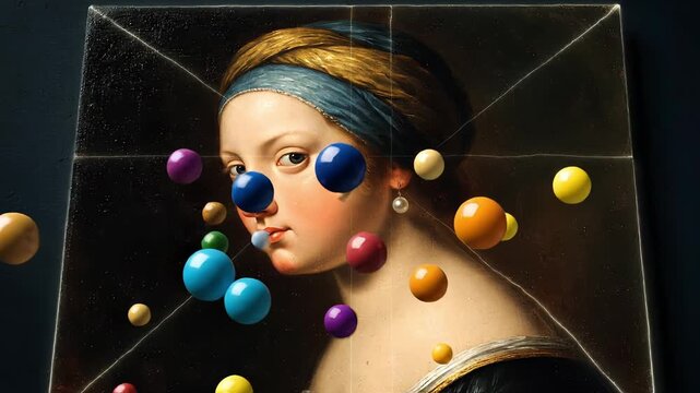 A captivating woman gazes softly from the canvas, adorned in a striking blue headband and elegant attire, revealing timeless artistry and charm.