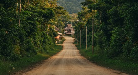 Road through lush green forest leads to village under daylight conditions with natural lighting and open space