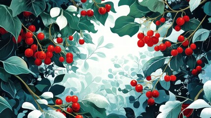 Vibrant Red Berries Surrounded by Lush Green Leaves in Nature Scene