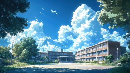 Serene Abandoned School Amidst Lush Greenery and Fluffy Clouds