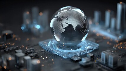 A glowing digital globe situated on a circuit board with blurred lights highlighting the intricate details set against a futuristic technology focused dark background - Powered by Adobe