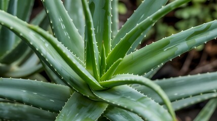 Fototapeta premium Close-up view of vibrant fresh green aloe vera plant leaves with dew drops