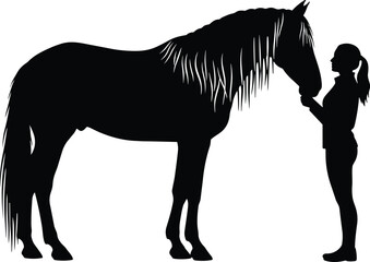 PrintSilhouette, woman with horse, human animal bond, equestrian love, friendship, trust, connection, ponytail girl, black outline, white background