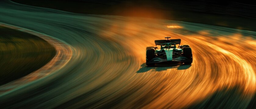 Formula 1 car racing on glowing curve with dramatic golden light and intense speed. Concept of motorsport adrenaline, branding, editorial, advertising, and emotional passion.