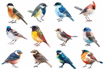 Set of birds illustrations, watercolour and gouache