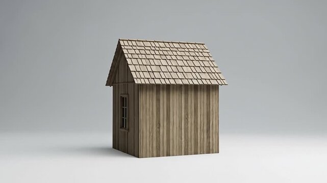 A small square wooden house with a shingled roof stands against a neutral gray backdrop