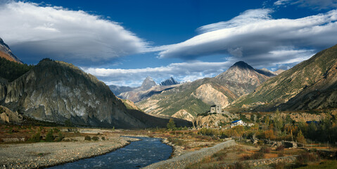 Panoramic view of valley and Marsyangdi River from village of Bhraka, which flows along northern slopes of Annapurna Himalayas, Nepal.