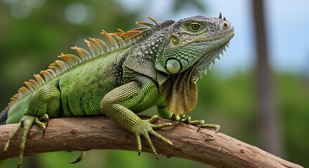 Obraz premium Vibrant green iguana perched on a tree branch against blurred natural background