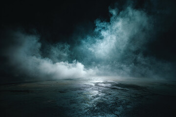 An abstract, eerie background featuring a concrete ground surface shrouded in clouds of smoke. Moonlight illuminates the smoke or fog, creating an eerie atmosphere.