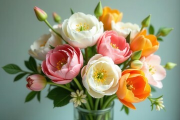Fototapeta premium A Delicate Arrangement of Pastel Tulips in a Clear Glass Vase, Featuring Soft Pink, White, and Orange Blooms, Accented with Lush Green Foliage