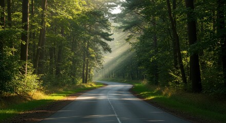Road winding through dense forest with sunlight streaming through the trees providing a peaceful and serene natural scene