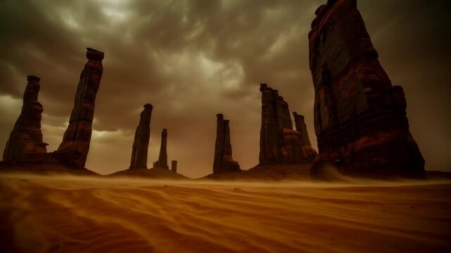 A desolate desert landscape featuring towering sandstone pillars under a stormy sky. The brown, arid environment creates a dramatic and moody scene with rough terrain.