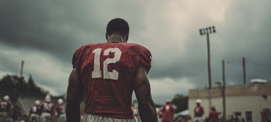 Athlete in red jersey, back view, cloudy day