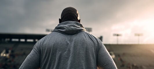 Man in gray hoodie, stadium backdrop