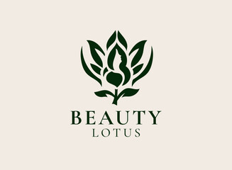 Elegant lotus flower logo with feminine silhouette. Beauty, spa, skincare, wellness, yoga, and luxury boutique emblem design. Minimalist floral organic nature branding identity.