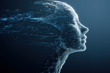 Digital intelligence concept: a futuristic face formed of glowing particles, symbolizing innovation.