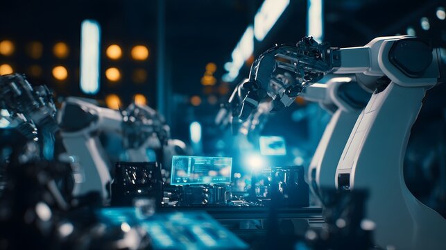 Futuristic assembly line with AI-powered robots - Powered by Adobe