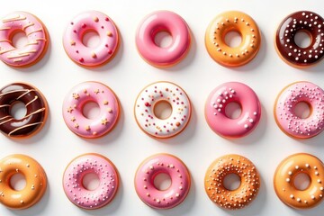 Fototapeta premium A delightful arrangement of twelve assorted donuts, each showcasing unique and vibrant icing designs, presented against a clean white backdrop.