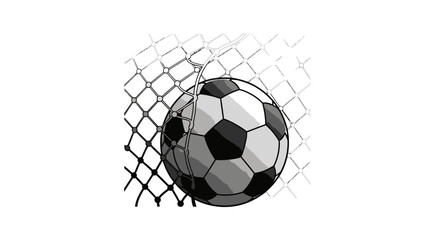 Dynamic grayscale soccer ball graphic soaring through a net backdrop