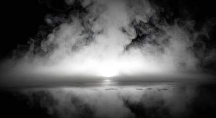 Fototapeta premium Mysterious white smoke rising from a dark surface with reflections, creating an ethereal and atmospheric scene with a bright light source in the background