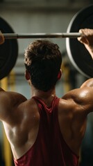Naklejka premium Man lifting barbell overhead in gym (13)