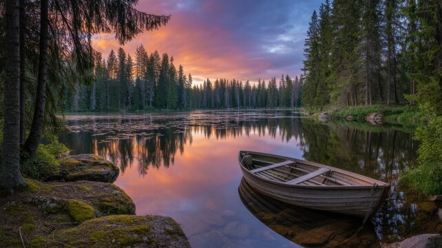 Scenic view of a wooden boat on a tranquil lake reflecting the colorful sunset sky, surrounded by lush forest and rocky shoreline - Powered by Adobe