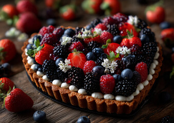 Ai fresh berry tart with a heart shape decorated with flowers on wooden table