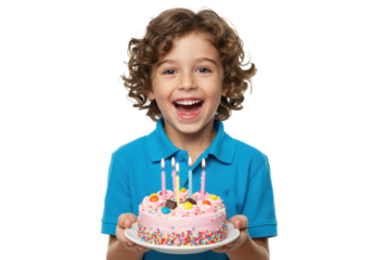 Young caucasian boy (5-7), curly hair, excited smile, presents pink cake with lit candles, bright studio background. Birthday celebration atmosphere