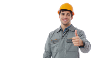 Cheerful worker giving thumbs up, wearing a safety helmet and gray uniform, isolated on a white background.