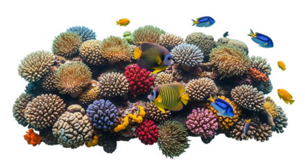 Colorful coral reef with tropical fish isolated on transparent background