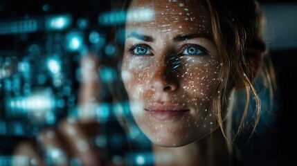 Focused businesswoman using futuristic holographic interface with data and analytics. Concept of innovation, digital technology, artificial intelligence, business future
