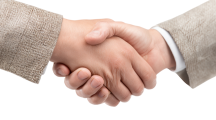 Close-up of a handshake symbolizing agreement and partnership, isolated on a white background.