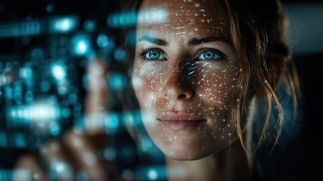 Focused businesswoman using futuristic holographic interface with data and analytics. Concept of innovation, digital technology, artificial intelligence, business future