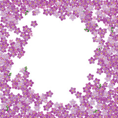 Vector decorative frame made of forget-me-nots. A composition of spring pink flowers for romantic banner design, wedding invitations. Vintage style.