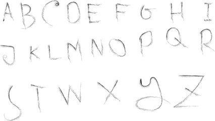 Hand-Drawn Sketch Alphabet Set – Rough Pencil Scribble Capital Letters A to Z, Grunge Distressed Typeface, Black and White Artistic Font Illustration Isolated on White Background