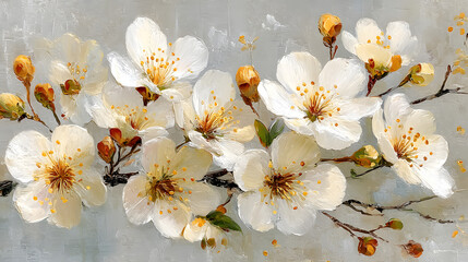 White Flowers with Gold Accents on White Textured Background
