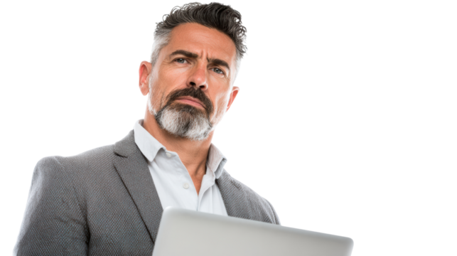 Confident businessman analyzing data on a laptop, isolated background.